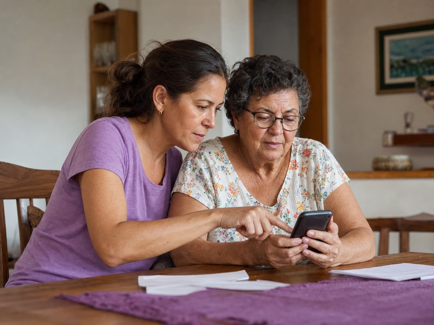 Filha ajudando a mãe a entender uma etapa de saúde pelo celular